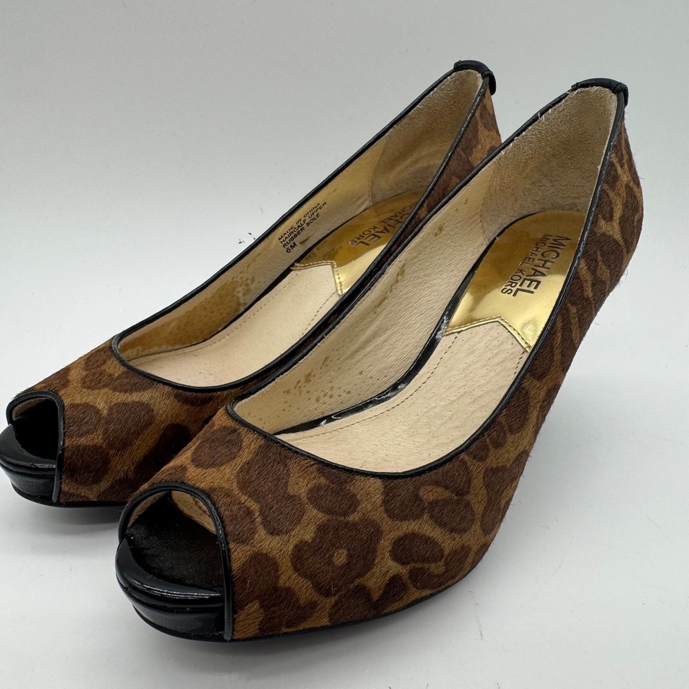 Michael Kors Women's 6M Leopard Haircalf Peep Toe Pumps Heels Brown Black